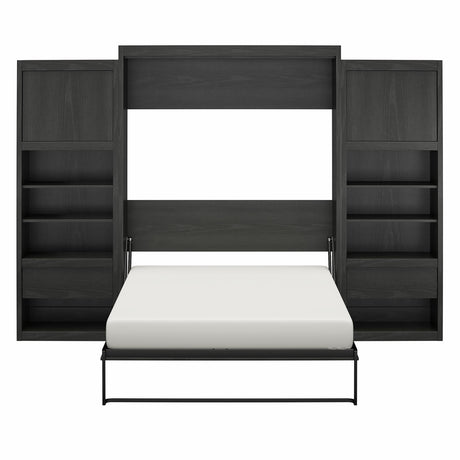 REALROOMS Halstead Queen Size Murphy Bed with 2 Nightstand Cabinets, Space-Saving Fold-Out Wall Bed with Open Shelving and Concealed Storage for Bedroom or Guest Room, Black Oak REALROOMS