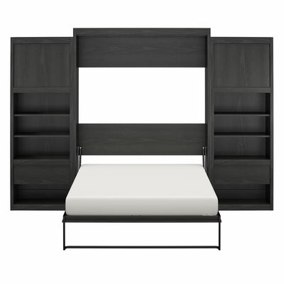 REALROOMS Halstead Queen Size Murphy Bed with 2 Nightstand Cabinets, Space-Saving Fold-Out Wall Bed with Open Shelving and Concealed Storage for Bedroom or Guest Room, Black Oak