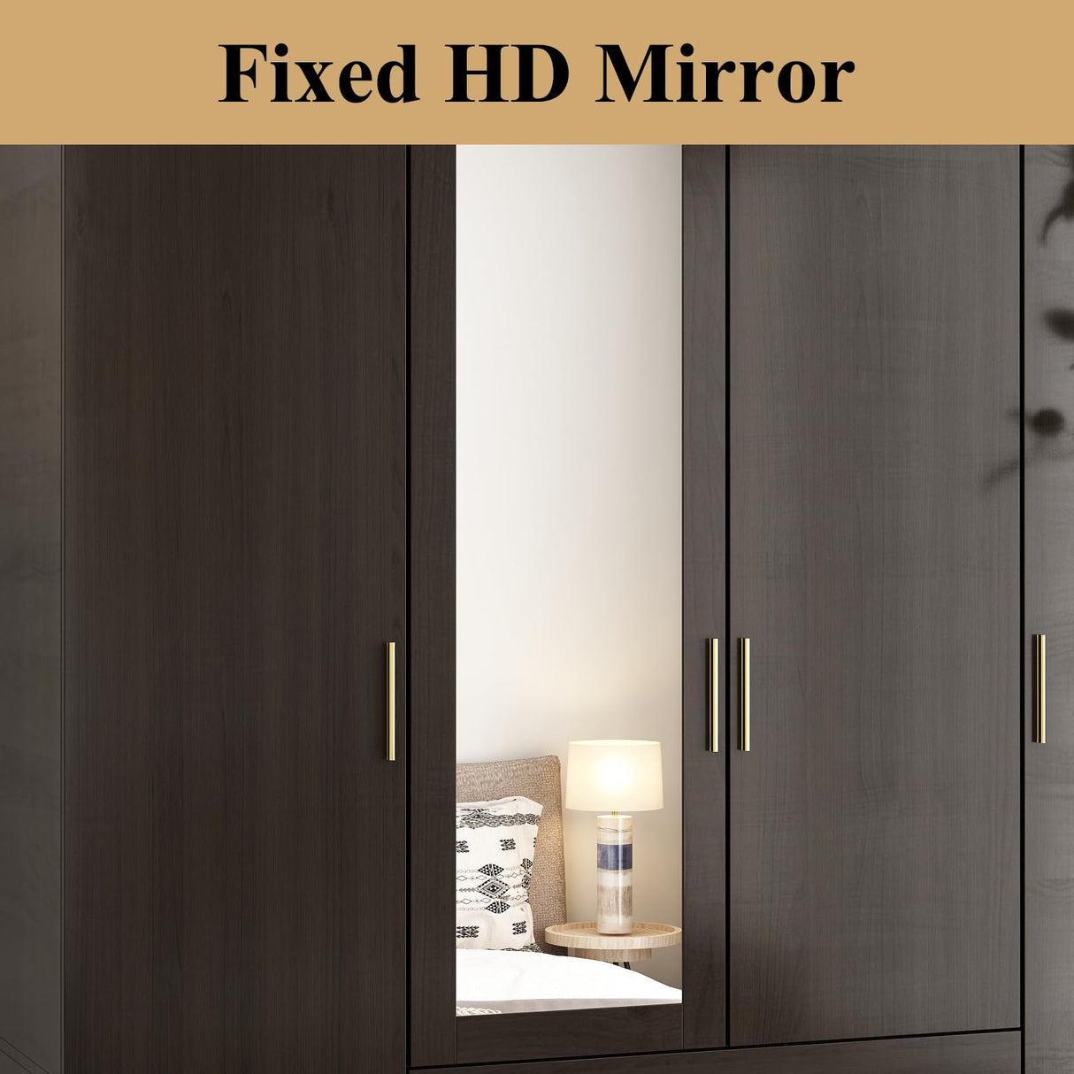 WOODTIME 4-Door Armoire Wardrobe Closet with Mirror, 63" L Modern Wooden Bedroom Armoire with 2 Drawers, 2 Hanging Bars & 7 Shelves, Black Brown WOODTIME