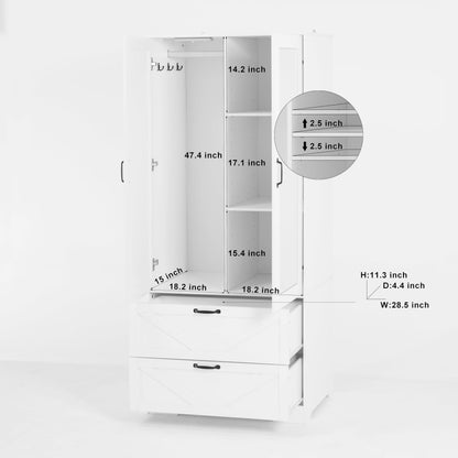 Armoire Wardrobe Closet, with 2 Rattan Doors, Freestanding Wooden Wardrobe Cabinet with 3 Storage Drawers and Hanging Rail, Wardrobe Armoire for Bedroom (White+Mirror)