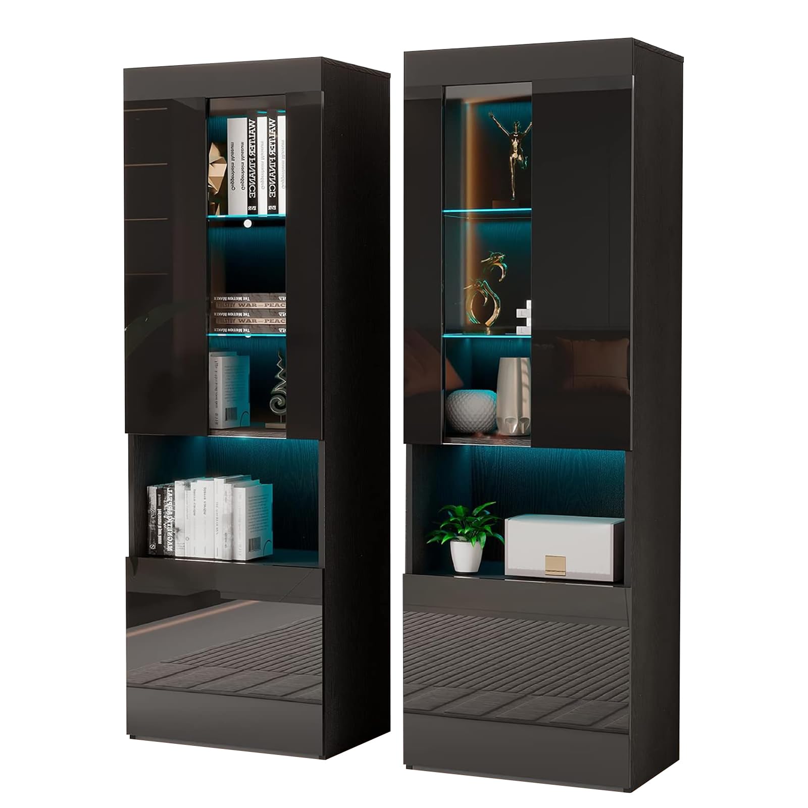 AMERLIFE Modern 71in Tall LED Bookcase Storage Cabinet with Glass Doors - Set of 2