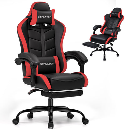 GTPLAYER Gaming Chair with Footrest, Computer Gaming Chair for Adults and Kids, Height Adjustable Gamer Chair with 90-155° Recline & Removable Headrest Lumbar Support (Black-Red)