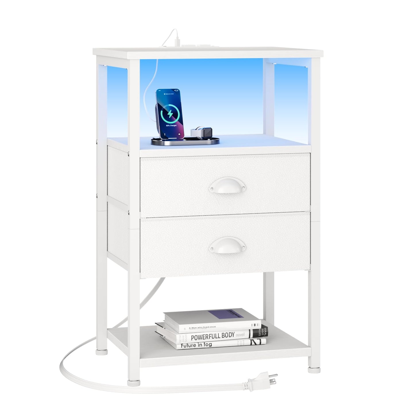 Furologee Nightstand with Charging Station, White Night Stand with LED Lights, 3-Tier Storage End Table with Fabric Drawers, Side Table with USB Ports & Outlets for Lving Room/Bedroom - WoodArtSupply