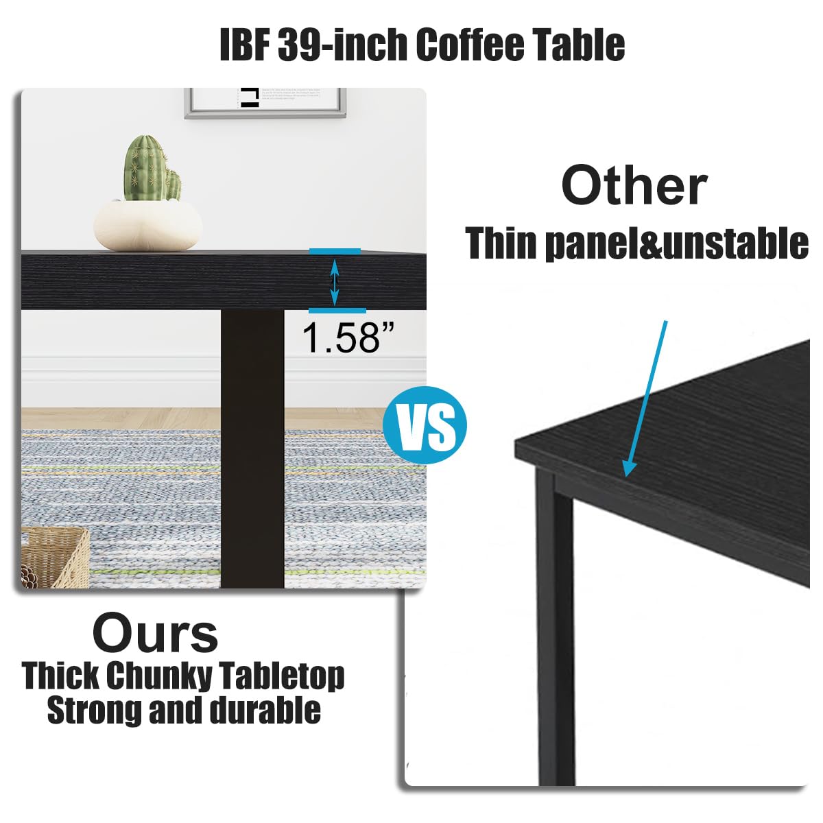 IBF Black Coffee Table, Minimalist Industrial Wooden Center Table, Modern Simple Rectangle Living Room Table, Farmhouse Wood and Metal Cocktail Coffee Table for Home Bedroom Office, Black Oak, 39 inch IBF