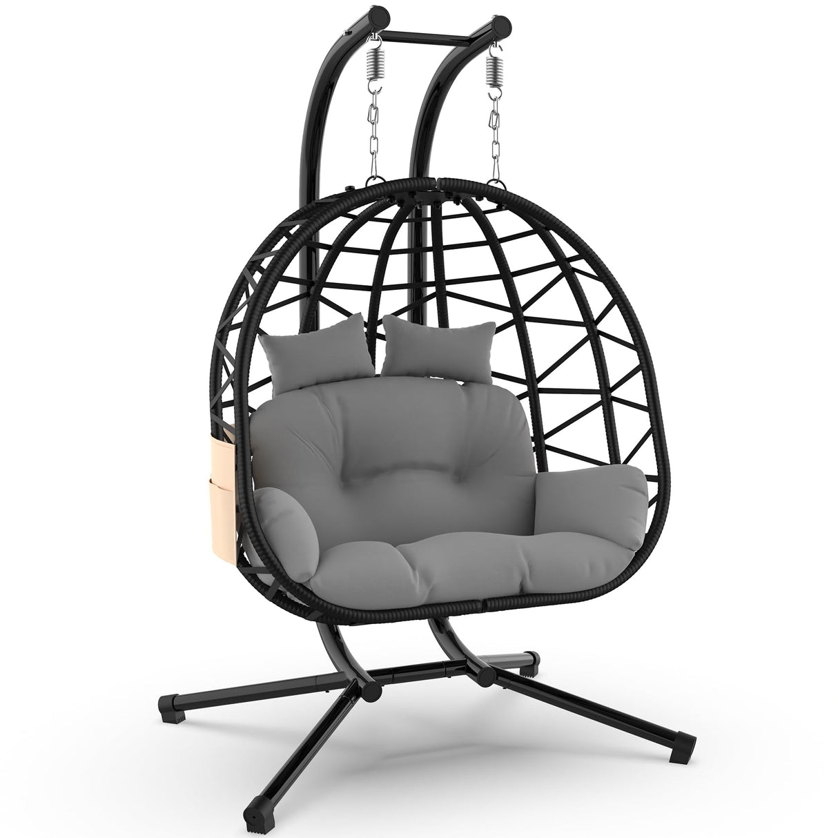 ZENPETIO Double Hanging Egg Chair with Stand, Rattan Wicker Swing with UV Resistant Cushion and Pillow, for Indoor Outdoor Bedroom Patio Hanging Basket Lovers Seat, Black ZENPETIO