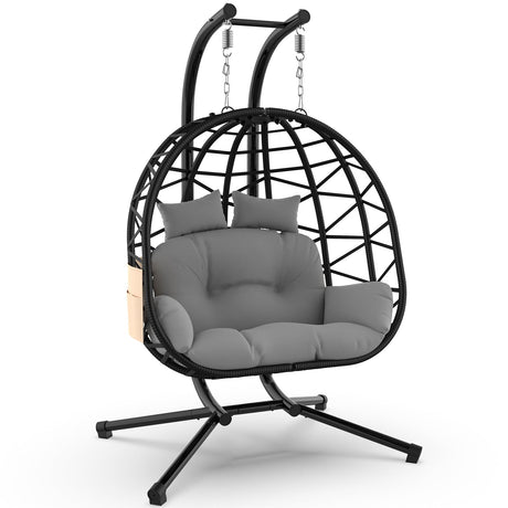 ZENPETIO Double Hanging Egg Chair with Stand, Rattan Wicker Swing with UV Resistant Cushion and Pillow, for Indoor Outdoor Bedroom Patio Hanging Basket Lovers Seat, Black ZENPETIO