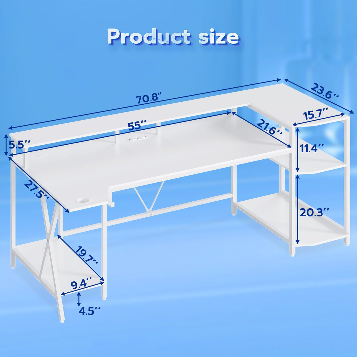 SEDETA White Gaming Desk 70.8'' with LED Lights and Storage Shelves, Computer Desk with Monitor Stand, Power Outlets and Cup Holder, Large PC Gamer Desk, Gaming Table for Bedroom, Living Room SEDETA