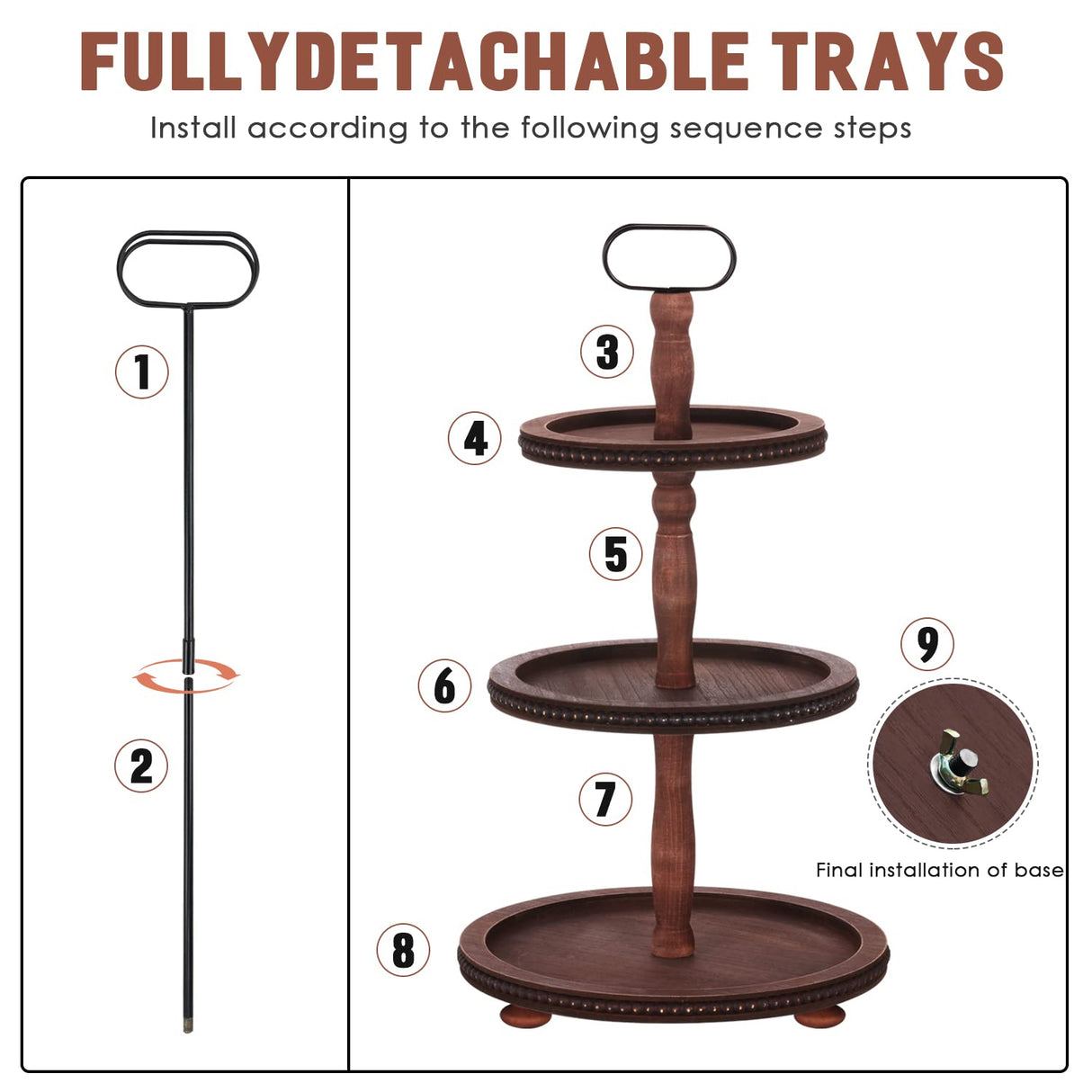 Urban Deco Wooden Tiered Tray 3-Tier Decorative Tray Stand Farmhouse Serving Tray, Round Wooden Cupcake Display Stand with Metal Handle, Brown Tiered Fruits Tray for Home Party Decorations Urban Deco