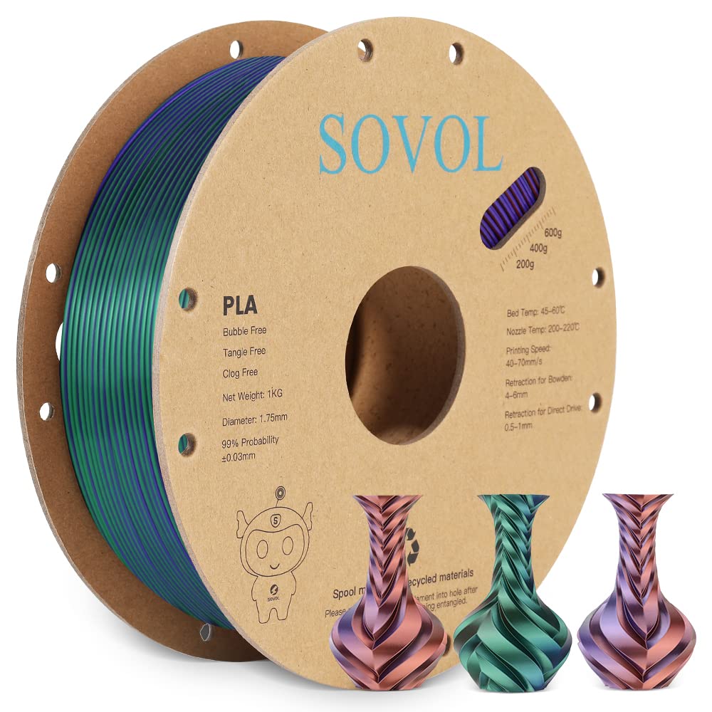 Sovol Silk PLA Filament Tri Color Co-Extrusion 1.75mm, 3D Printer Filament 1kg/ 2.2lbs, Shiny Silk Copper Purple Green 3 in 1 Coextrusion PLA Material +/-0.03mm - WoodArtSupply