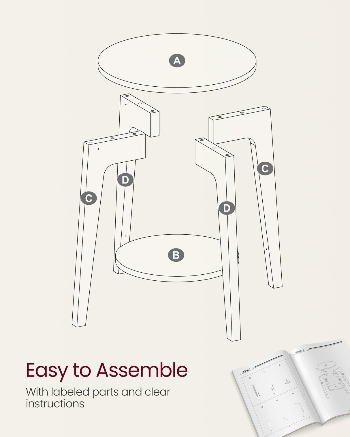 VASAGLE Side Table, Small Round End Table with Lower Shelf, Nightstand for Small Spaces, Living Room, Bedroom, Natural Beige ULET283N01 VASAGLE