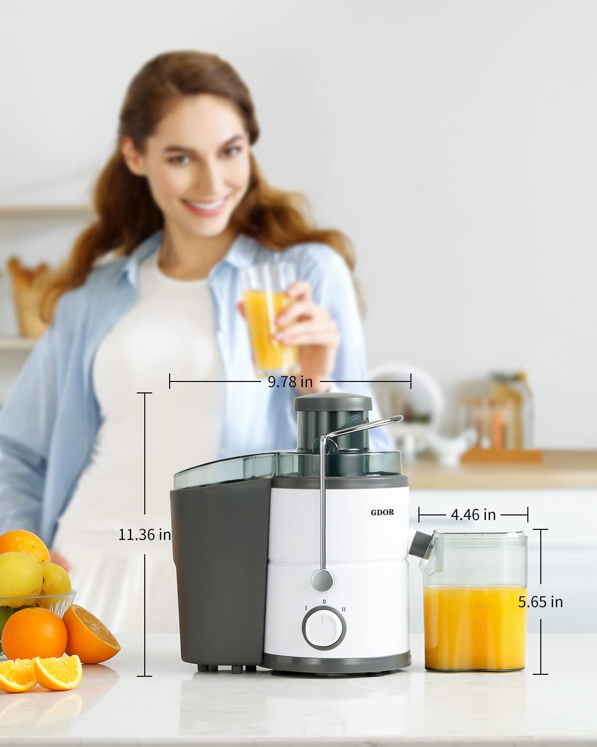 Juicer with 800W Motor, GDOR Juicer Machine with 3” Feed Chute, Dual Speeds Juice Maker for Fruits and Veggies, Anti-Drip Function Centrifugal Juicer, Include Cleaning Brush, BPA-Free, White GDOR