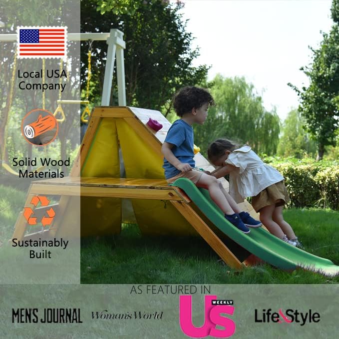 Avenlur Palm Outdoor and Indoor Playground 5 in 1 Backyard Playset with Ladder, Rock Wall, 4 ft. Slide, Tent Fort, Montessori Style Play Set Climber Playhouse Toddlers, Children, Kids 2-8yr ( - WoodArtSupply