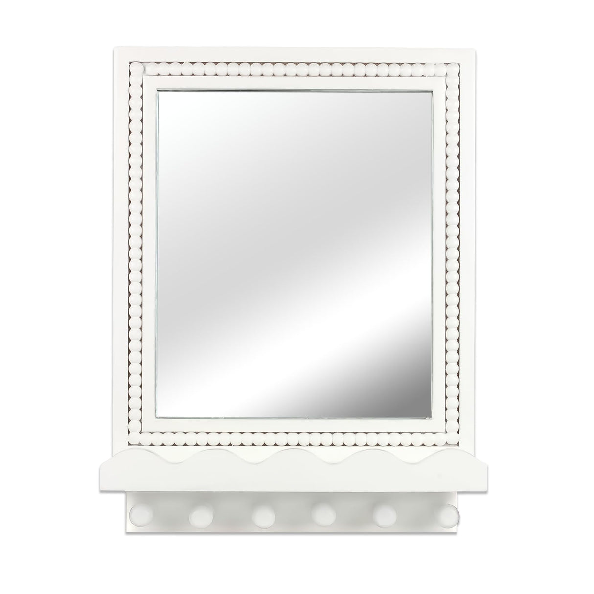 Tirzah 16x12 Inch Wall Mount Beaded Wood Framed Mirror with Shelf and 6 Hooks, White Decorative Entryway Mirror with Storage for Laundry Room, Bathroom, Bedroom Tirzah