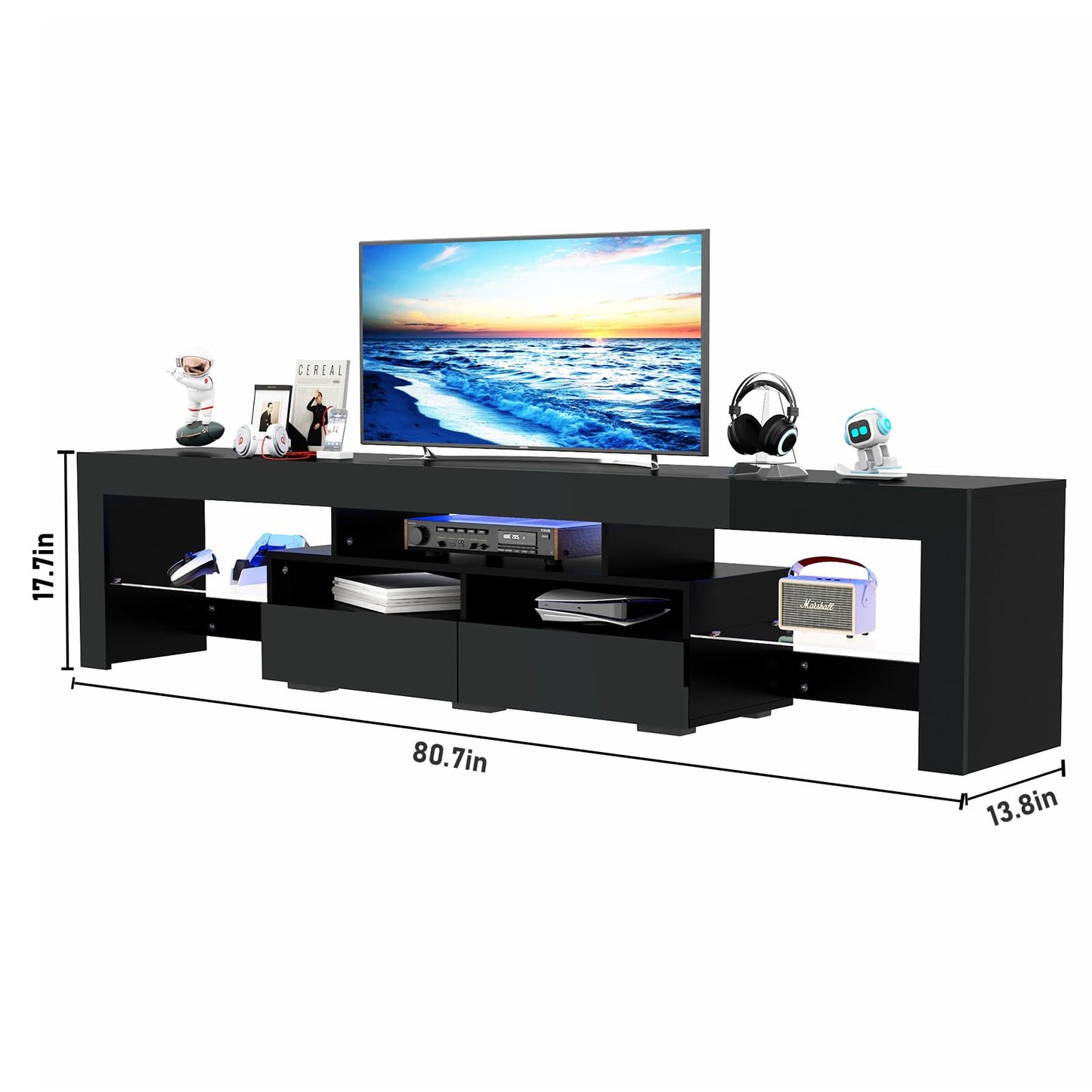 St.Mandyu LED TV Stand for 75/85/90 inch TV, High Glossy Modern Entertainment Center with Drawer and Led Lights, Television Table Media Console for Living Game Room Bedroom, Black