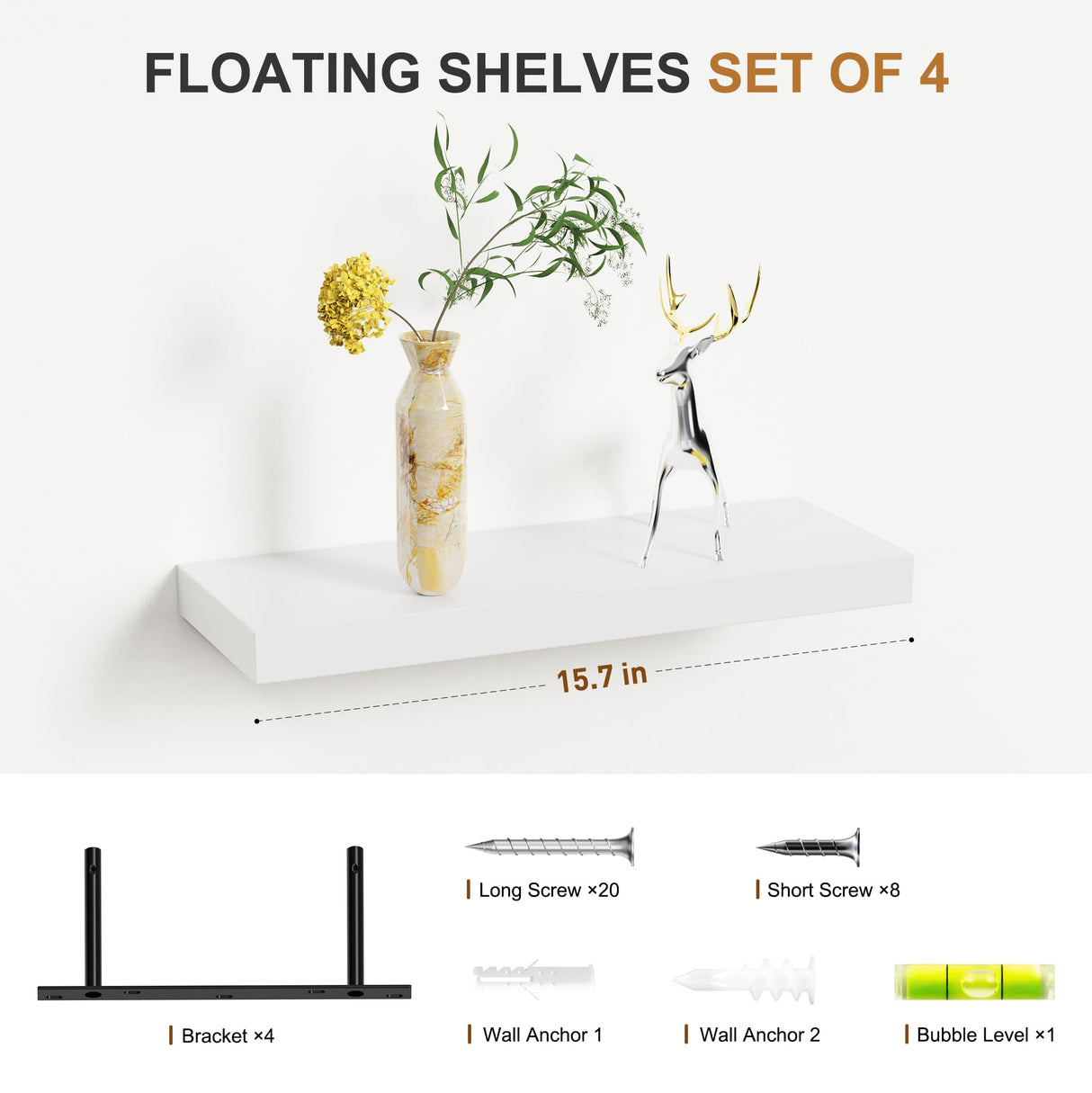 Bellsal Floating Shelves for Wall, White Engineered Wood Wall Shelf Set of 4, 16" Wall Mounted Floating Shelf for Kitchen, Living Room, Bedroom, Bathroom Storage, Book Shelf for Walls Home Decor Bellsal