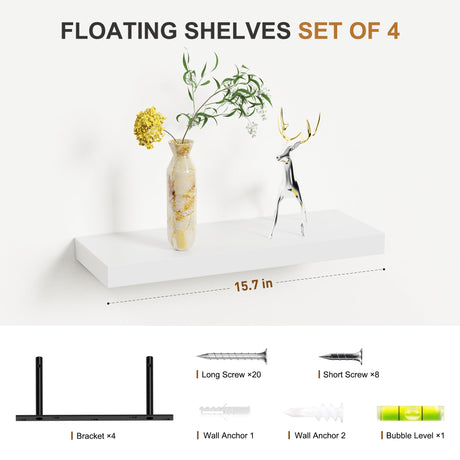 Bellsal Floating Shelves for Wall, White Engineered Wood Wall Shelf Set of 4, 16" Wall Mounted Floating Shelf for Kitchen, Living Room, Bedroom, Bathroom Storage, Book Shelf for Walls Home Decor Bellsal
