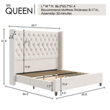 PaPaJet Queen Bed Frame 61.4" Tall Headboard Upholstered Velvet Platform Bed with Handmade Deep Button Tufted/No Box Spring Required/Cream PaPaJet