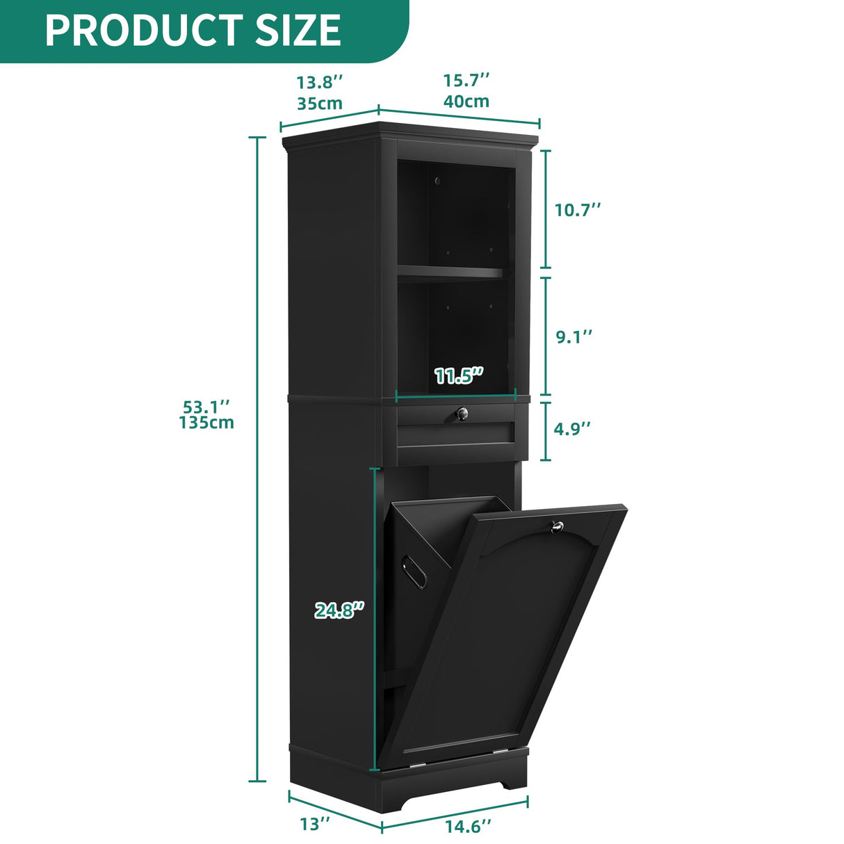 YITAHOME Tilt Out Laundry Hamper Cabinet, 53" Tall Hidden Laundry Hamper with Drawer, Bathroom Storage Cabinet Shelf with a Clothes Basket, Black YITAHOME