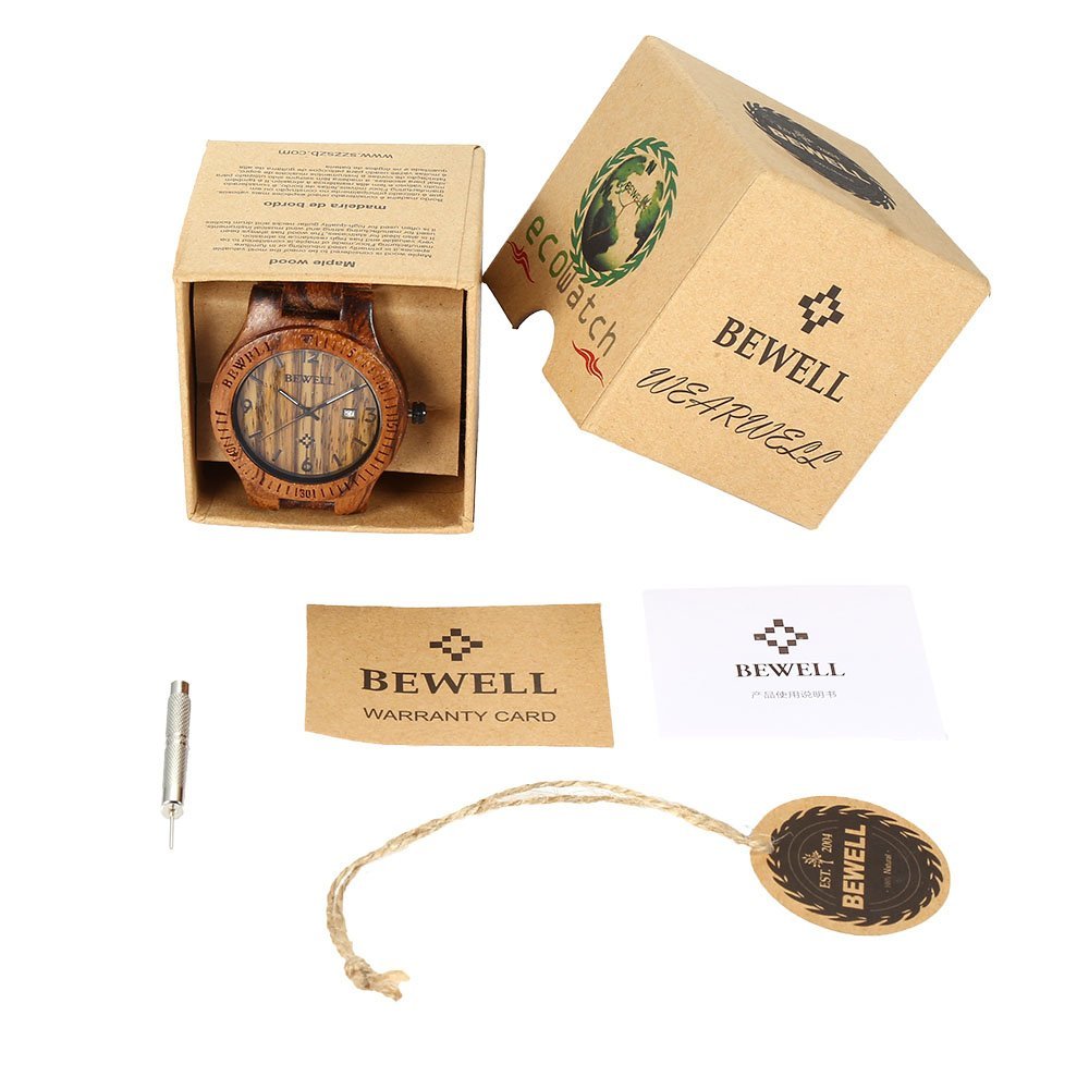 BEWELL W086B Mens Wooden Watch Analog Quartz Lightweight Handmade Wood Wrist Watch (Zebra Wood) BEWELL