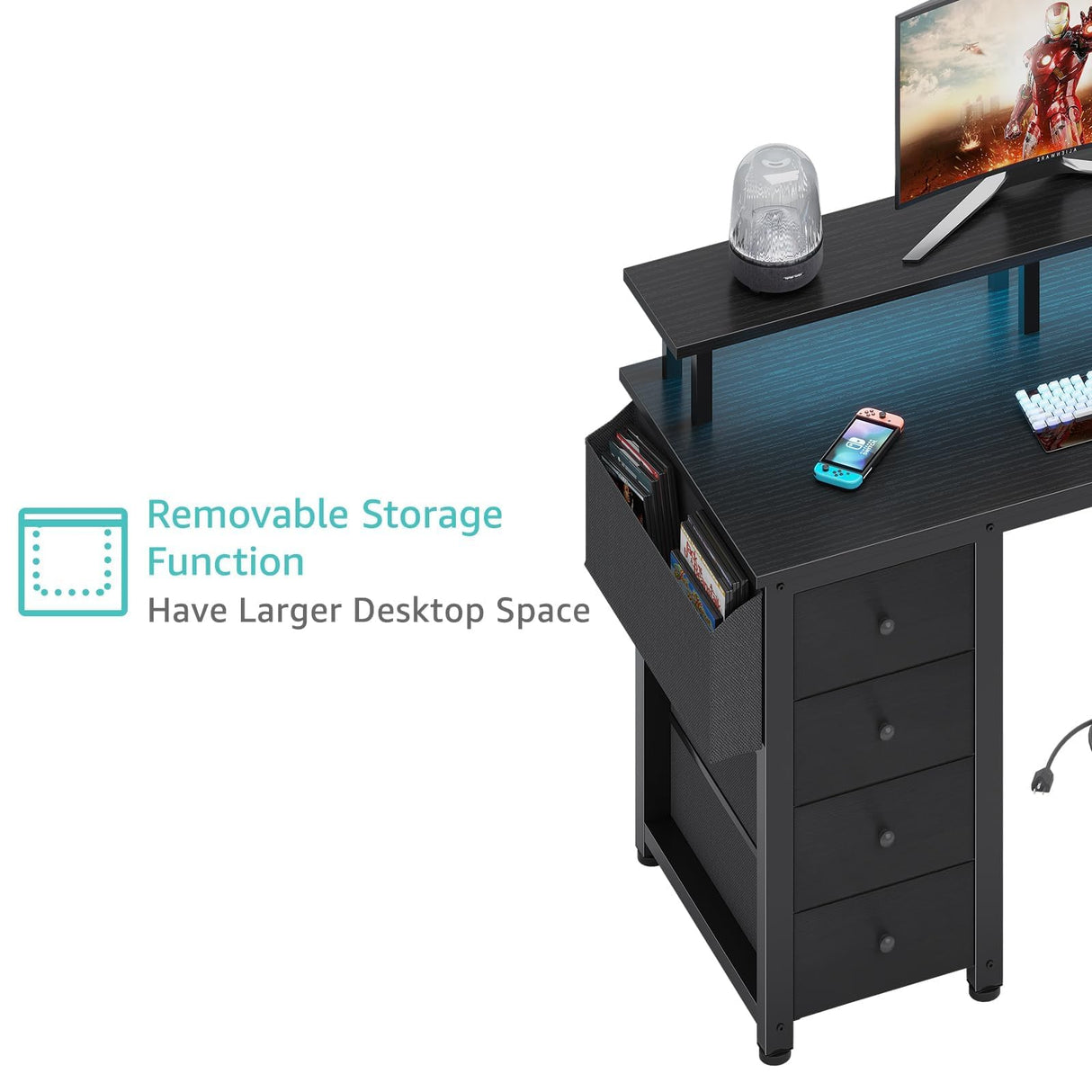 Lufeiya L Shaped Gaming Desk with Led Lights and Power Outlets, 47 Inch Writing Study Computer Desks with Fabric Drawers for Bedroom, Corner Home Office Desk with Monitor Stand Shelves, Black Lufeiya