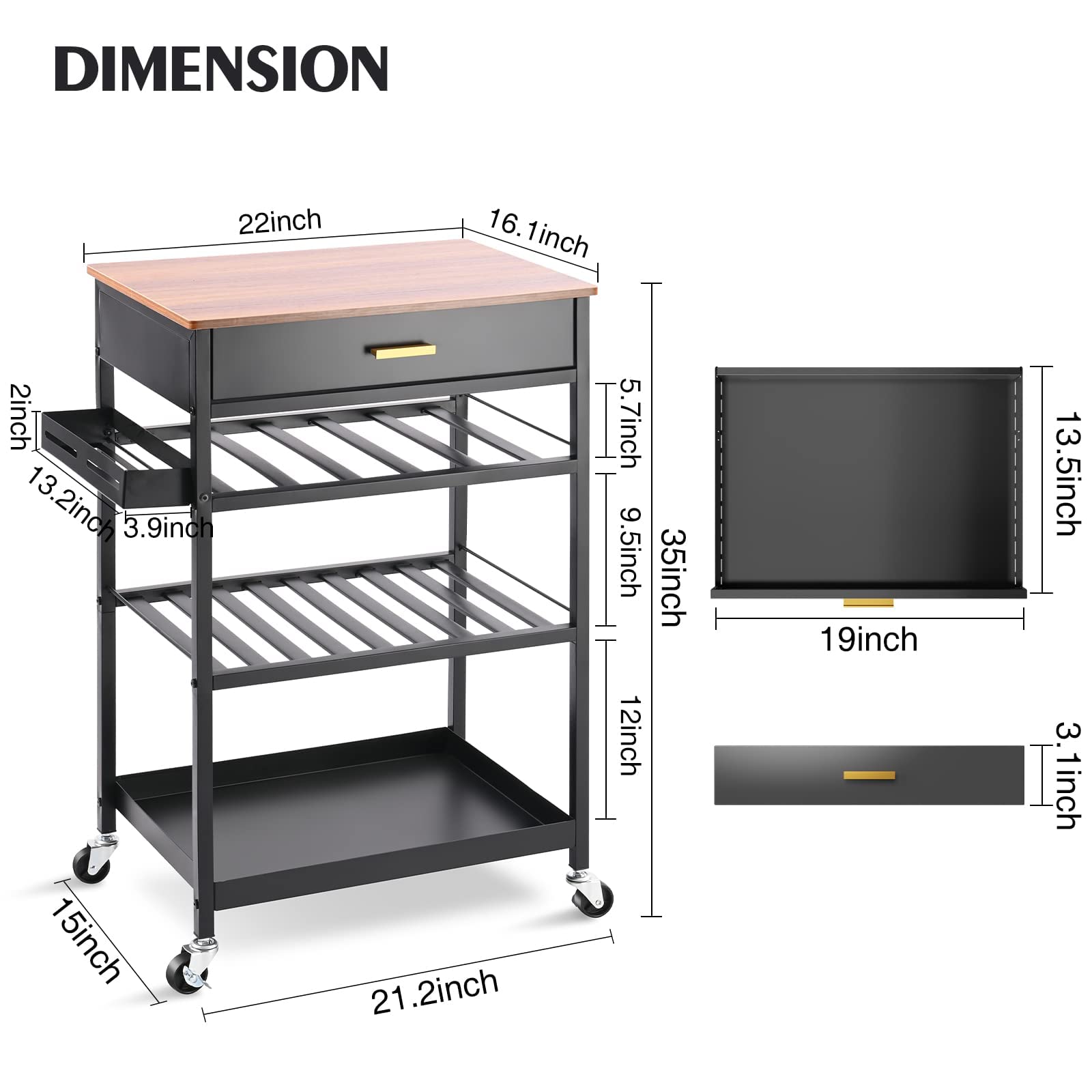 TOOLF Kitchen Island Cart with Drawer, Rolling Kitchen Service Cart with Wooden Tabletop, 3-Tier Storage Cart on Wheels, Storage Trolley Cart with Hooks for Kitchen, Dining Room - WoodArtSupply