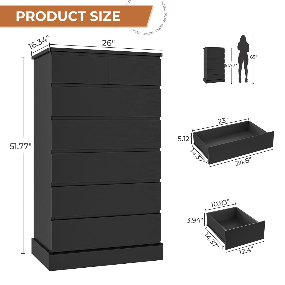 DICTAC Black Tall Dresser for Bedroom with 7 Drawers, 51.8" Tall Dressers & Chests of Drawers, Modern Wood Closet Organizer and Storage Cabinet, Large Vertical Dresser for Bedroom, Closet, Hallway DICTAC