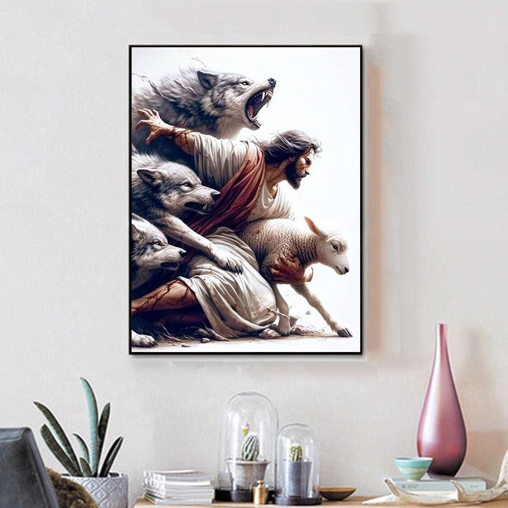 YIMORE 5D DIY Diamond Art Painting Kits Christ Jesus Wolf and Lamb 16X20 inches for Adults ，Full Round Drill Rhinestone Embroidery for Home Wall Decor YIMORE