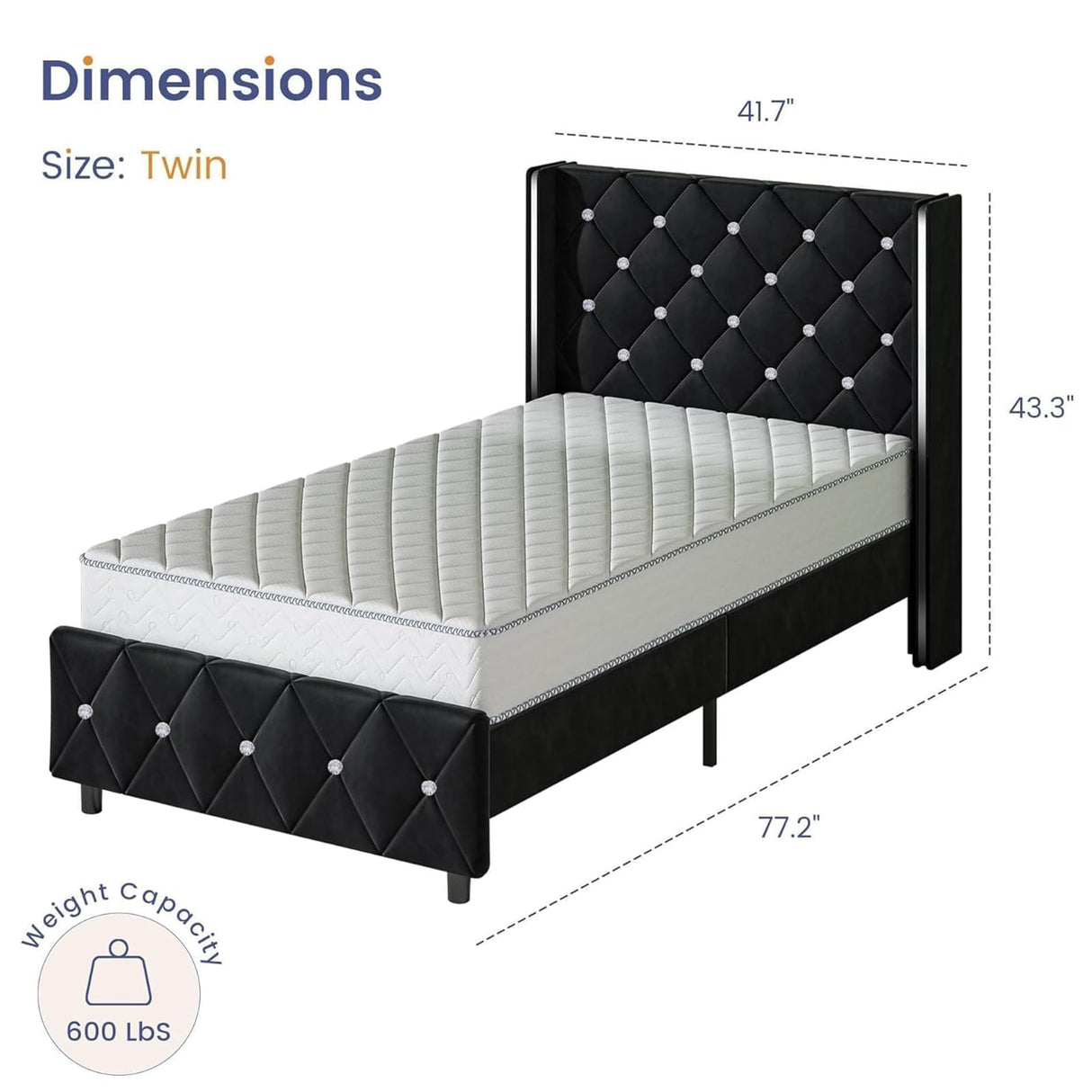 HOMBCK Twin Bed Frames, Upholstered Platform Bed with Diamond Tufted Headboard, Modern Velvet Bed Frame with Wingback Design, No Box Spring Needed, Easy Assembly, Black HOMBCK