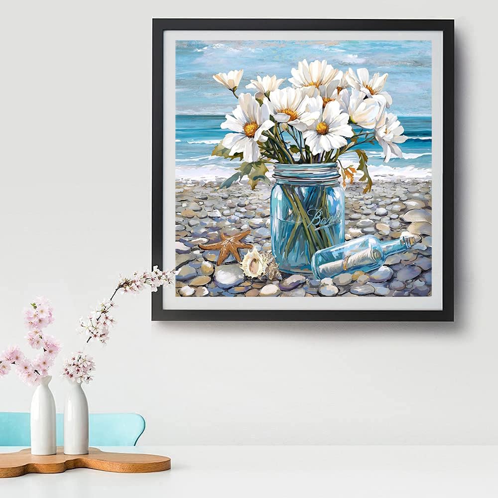 VIGEGU Beach Flowers Paint by Numbers Kit for Adults with Frame,Paint by Number for Beginner with Wooden Easel DIY Adult Paint by Number Kits for Home Decor 12x12inch VIGEGU