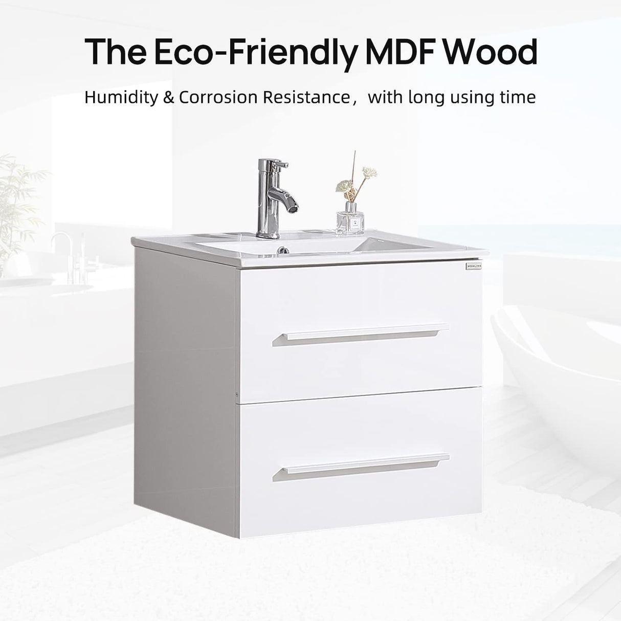 wonline 24" White Wall Mounted Bathroom Vanity Set Two Drawers Storage Cabinet with Ceramic Vessel Sink and Mirror Combo Chrome Faucet wonline