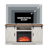 Fireplace TV Stand with Sliding Barn Door for TVs up to 65", Farmhouse 59" Fireplace Entertainment Center with Storage Cabinets/Adjustable Shelves, Distressed White & Barnwood AMERLIFE