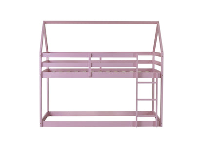 Twin Over Twin House Bunk Bed for Kids,Twin Size Low Bunk Beds with Ladder,Floor Bunk Bed Twin Over Twin,Solid Bunk Bed for Girls Boys,Pink