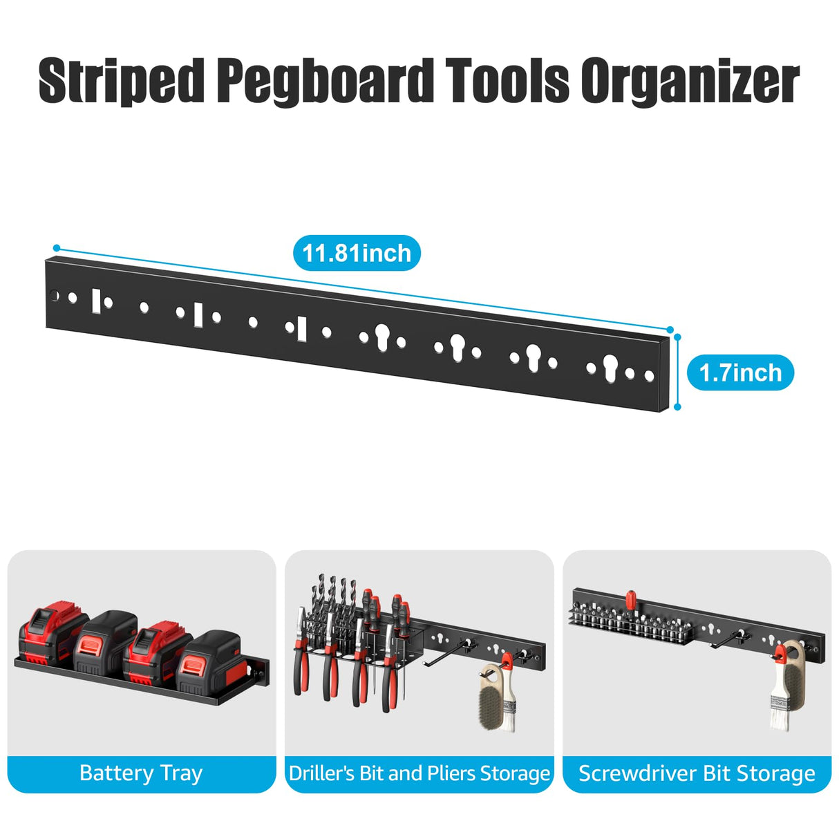 CCCEI 5PCS Individual Pegboard Strip with Power Outlet. Garage All Metal Wall Mount Mini Black Peg Board Set, for Drill and Tools Battery Holder Kit, Cleaning Supplies Cabinet Organizer. Gift for Men CCCEI