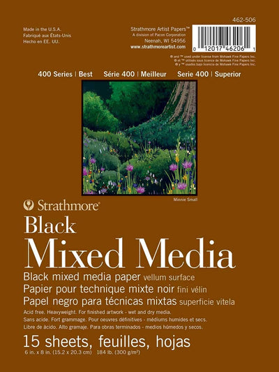 Strathmore 400 Series Mixed Media Paper, Black, Foldover Pad, 6x8 inches, 15 Sheets (184lb/300g) - Artist Paper for Adults and Students - Watercolor, Gouache, Graphite, Ink, Pencil, Marker