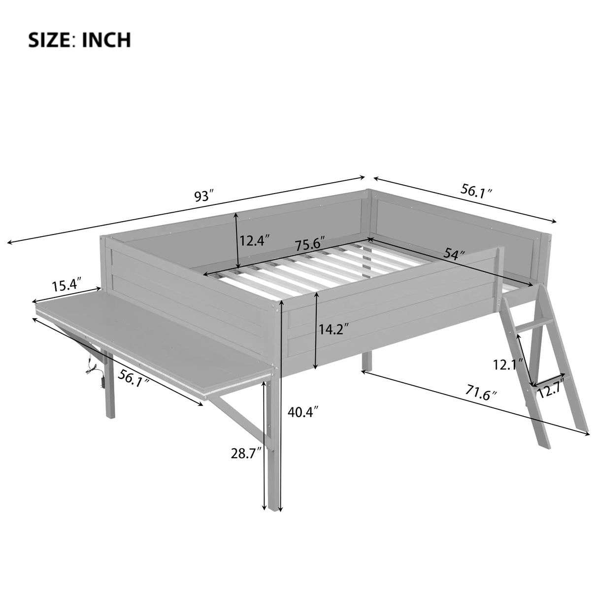 Full Size Low Loft Bed with Desk and LED Lights,Gaming Loft Bed Full Size,Wood Kids Loft Bed Frame with Angled Ladder and LED Lights for Girls Boys,Grey Bellemave