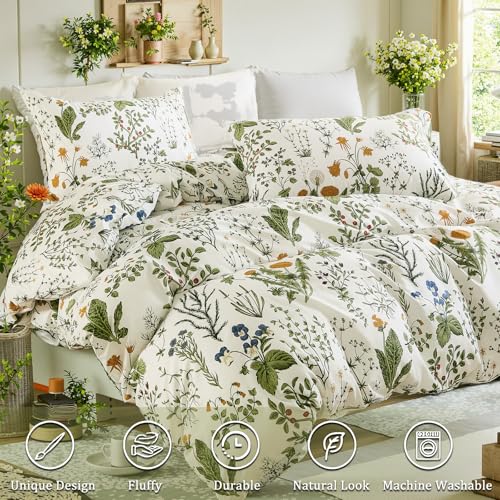 Cozaline Green Comforter Set King, 100% Cotton Reversible Floral Pattern Comforter Set 3 Pcs Soft Cotton Lightweight Comforter All Season Soft & Breathable Green Bedding Set Cozaline