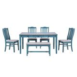 LUMISOL 6-Piece Wooden Dining Set, Farmhouse Kitchen Table Set with 4 Upholstered Chairs, Bench and Storage Drawers for Kitchen, Dining Room, Living Room, Antique Blue LUMISOL