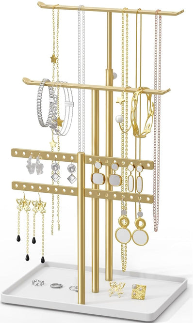 susswiff Jewelry Holder Organizer Stand - Adjustable Jewelry Tree 17.5" Height (Max), Jewlery Hanger for Necklaces, Bracelets, Earrings, Aesthetic for Storage and Display, Metal, Gold and White