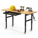 Pelnuies Workbench, 60" Adjustable Height Work Table with Power Outlet, Drawer and Wheels, 2000 LBS Load Capacity Hardwood Work Bench for Garage, Workshop, Home, Office (60" X 24") Pelnuies