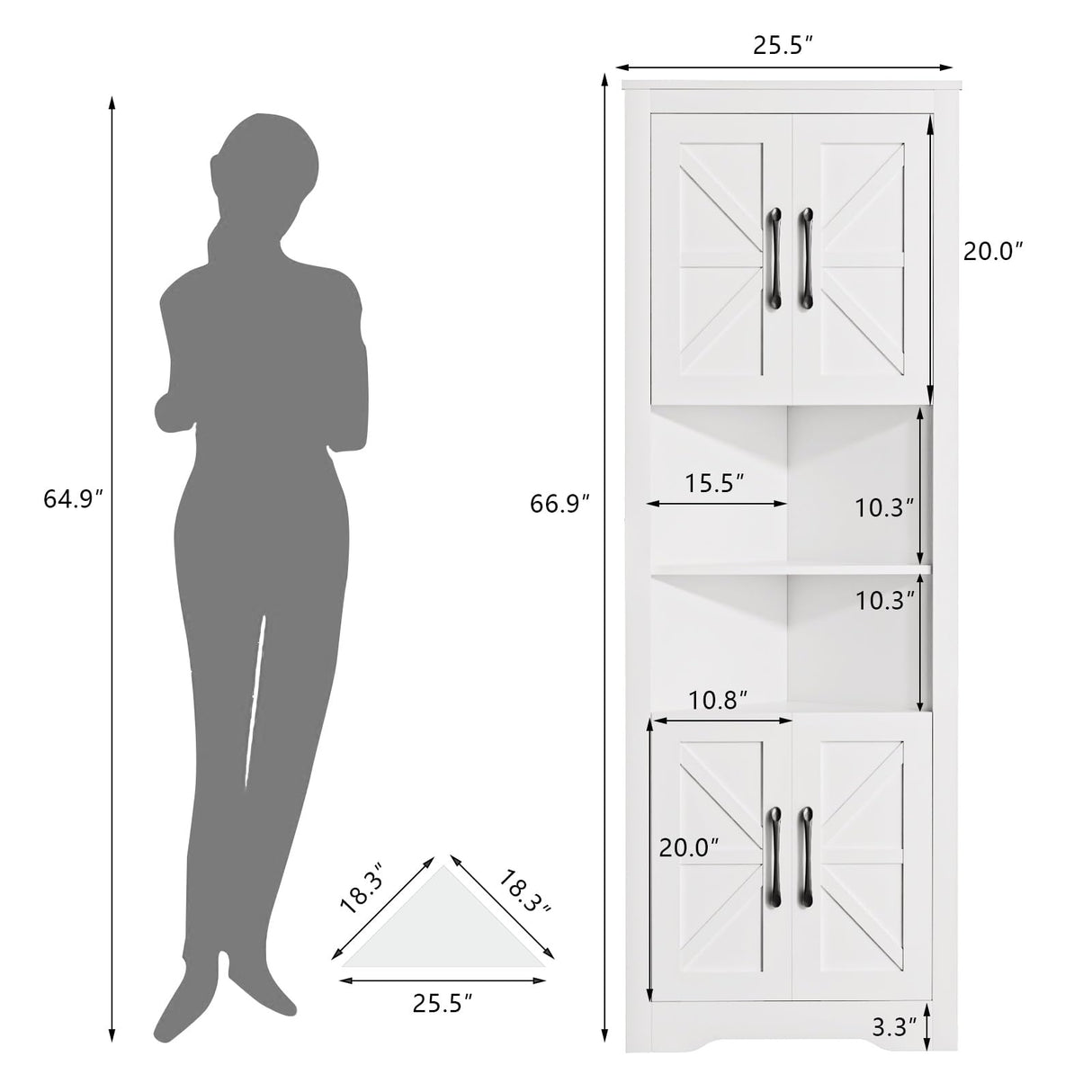 NOVAMAISON 67" Tall Farmhouse Corner Cabinet with Barn Door Design in White - Stylish Storage Solution for Any Room NOVAMAISON