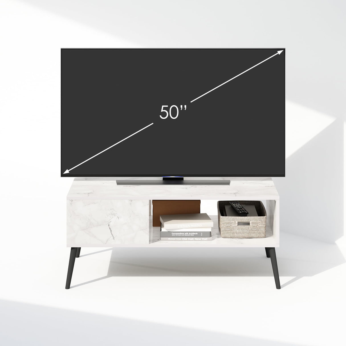 Furinno Claude Mid Century Style TV Stand for TV up to 40 with Wood Legs, Marble White Furinno