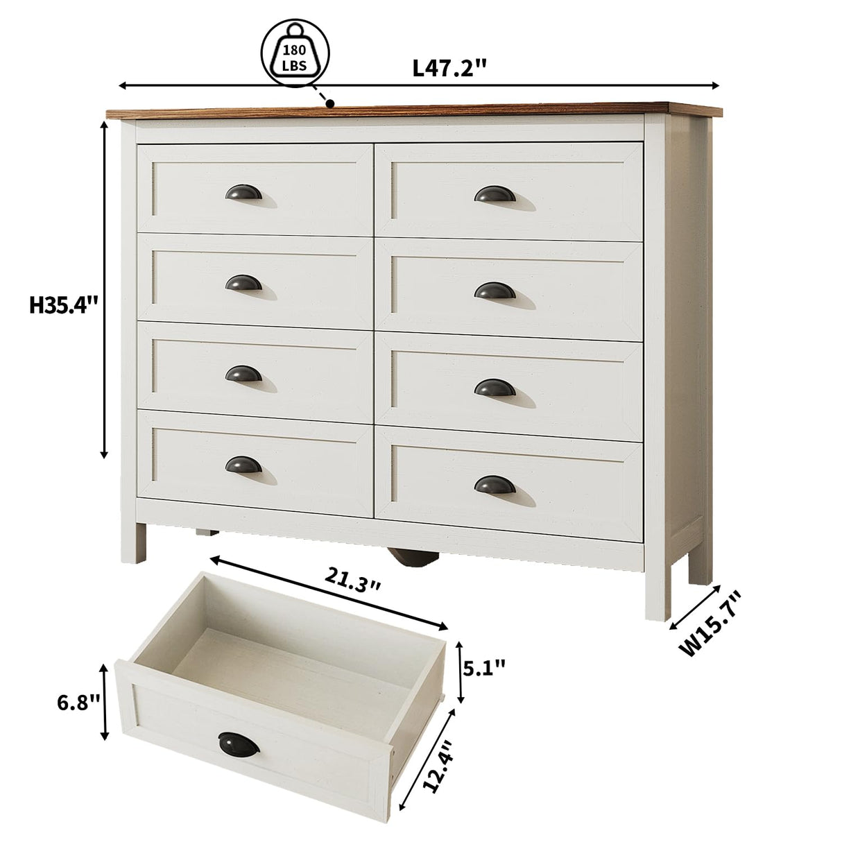 SINROM White Dresser for Bedroom, Farmhouse 8 Drawer Dresser, Wide Chest of Drawers with Metal Handles, Modern Wood Double Chest for Bedroom, Living Room, Hallway SINROM