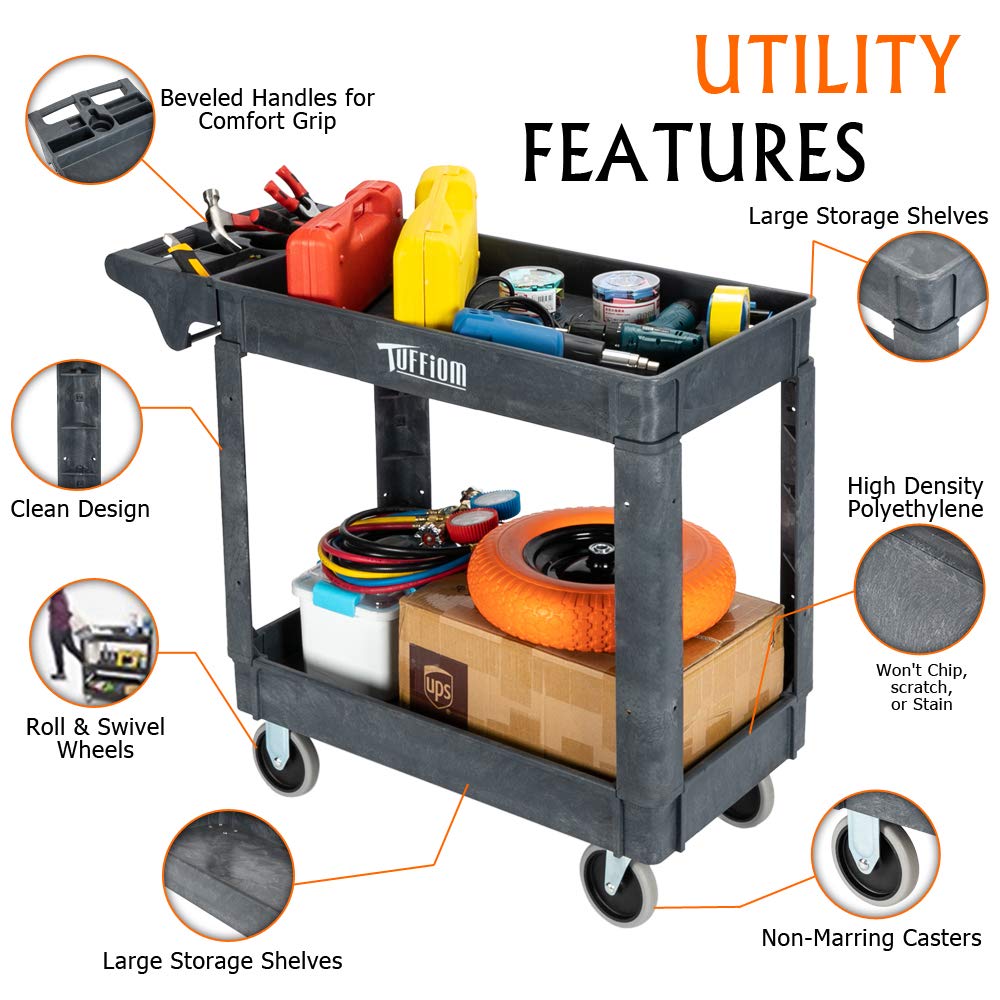 TUFFIOM Plastic Service Utility Cart with Wheels,550lbs Capacity,Heavy Duty Tub Storage Cart W/Deep Shelves, Multipurpose Rolling 2-Tier Mobile Storage Organizer, for Warehouse Garage industrial Cart TUFFIOM
