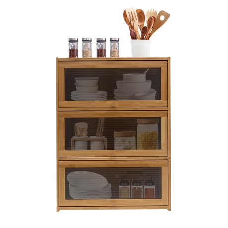 LARIDEN 3 Tiers Bamboo Storage Cabinet for Kitchen Countertop, Freestanding Pantry Cabinet with Flip-Up Door Organizer Shelf for Spice Seasoning Bottles, Plates, Cups Storage Cabinet LARIDEN