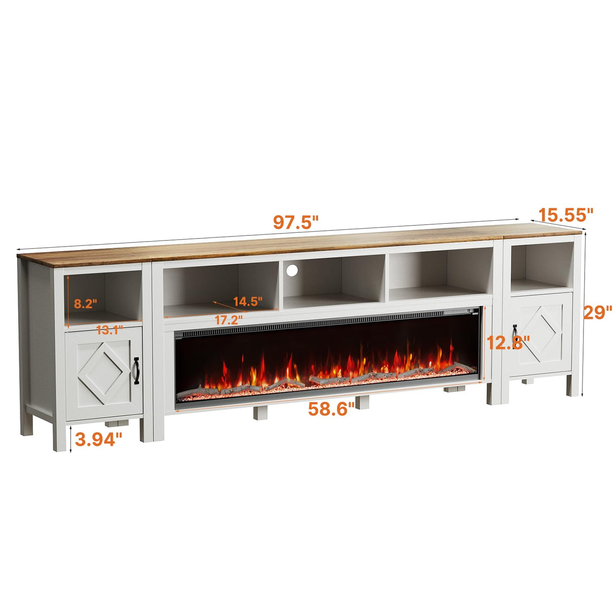 BVIUNTWO Fireplace TV Stand for TVs Up to 110 Inch,Farmhouse Entertainment Center with 60" Electric Fireplace,White TV Console with Storage Cabinets for Living Room,Bedroom BVIUNTWO