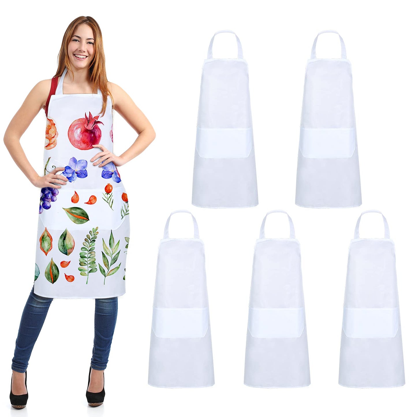 SATINIOR Sublimation Bib Apron Blank Kitchen Aprons with Pockets Unisex White Cooking Kitchen Apron for Restaurant Home (5 Pieces)