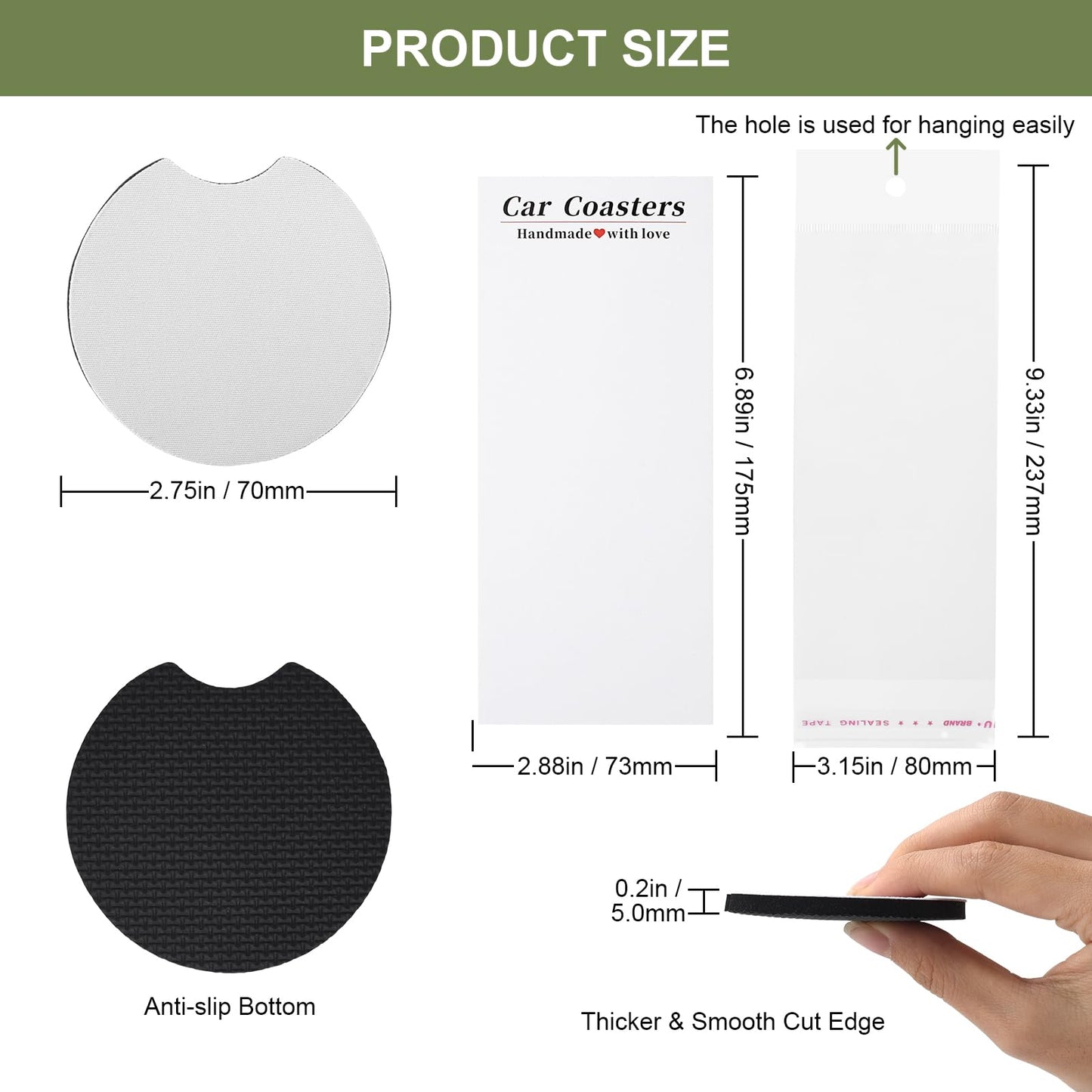 120Pcs Sublimation Blank Car Coasters Packaging for Selling,Include 60Pcs Circular 2.75 in/5mm Blank Sublimation Coasters,30Pcs Car Coasters Display Cards and 30Pcs Hanging Self-Sealing Bags