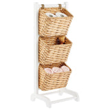mDesign Water Hyacinth 3-Tiered Storage Baskets Floor Stand with Market Basket Storage Bins - Vertical Standing Rack for Living Room, Laundry, Bedroom, Bathroom, Office Organization - White/Natural mDesign