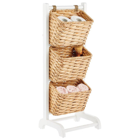 mDesign Water Hyacinth 3-Tiered Storage Baskets Floor Stand with Market Basket Storage Bins - Vertical Standing Rack for Living Room, Laundry, Bedroom, Bathroom, Office Organization - White/Natural mDesign