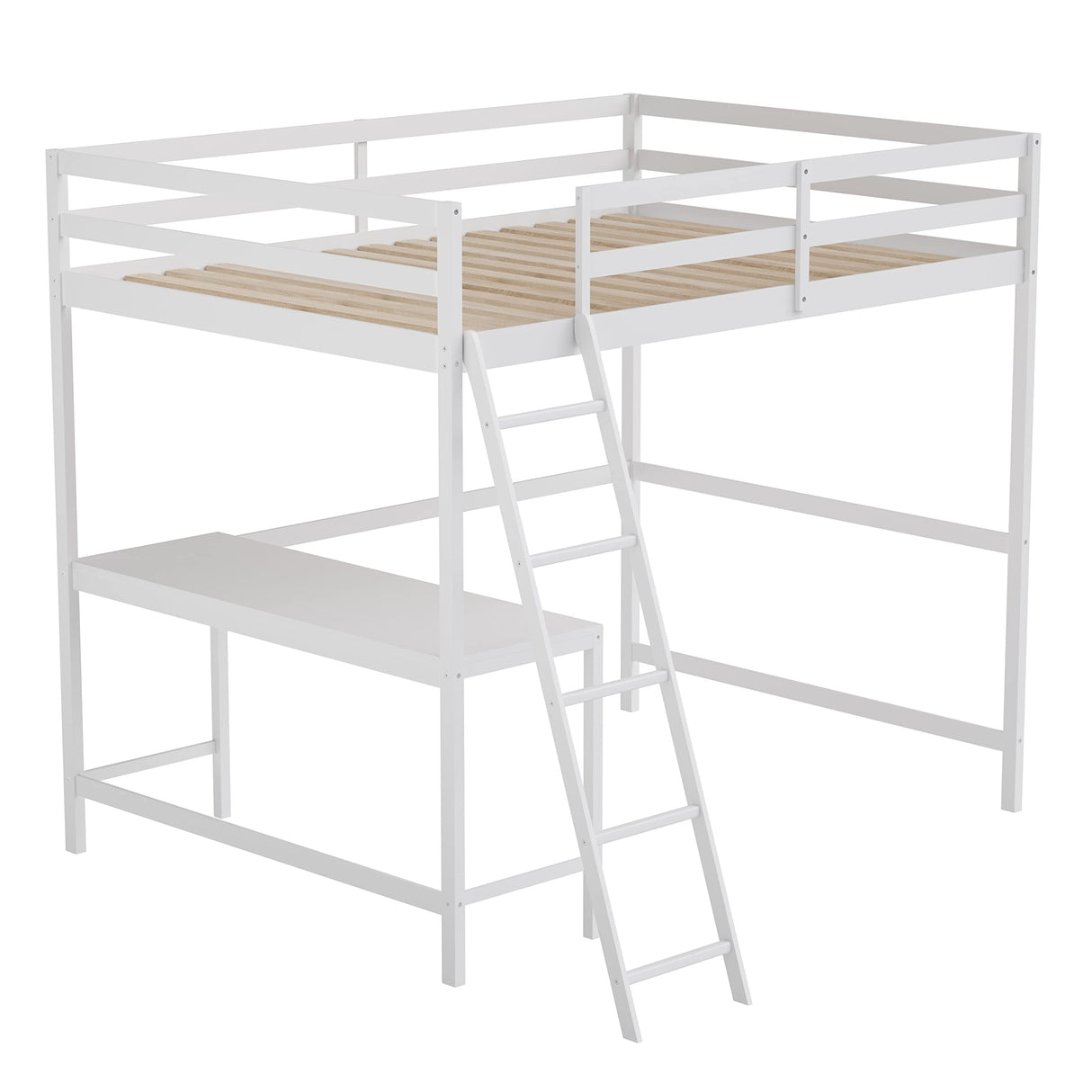BizChair Full Size Loft Bed with Integrated Desk - White Wood Slats - Space-Saving Design for Kids and Teens BizChair